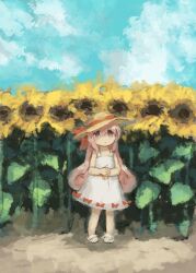 Rule 34 | 1girl, aqua sky, bow, brown hat, child, closed mouth, commentary request, day, dress, dress bow, field, flip-flops, flower, flower field, hat, hat ribbon, highres, kezuru, long hair, original, outdoors, own hands together, pink eyes, pink hair, red ribbon, ribbon, sandals, sky, sleeveless, sleeveless dress, solo, standing, straw hat, sundress, sunflower, sunflower field, white dress, white footwear, wide shot, yellow flower