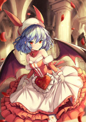 Rule 34 | 1girl, absurdres, bare shoulders, bat wings, blue hair, curiosities of lotus asia, dress, ei tantan, feet out of frame, highres, indoors, light smile, looking at viewer, off-shoulder dress, off shoulder, petals, pillar, red eyes, remilia scarlet, short hair, slit pupils, solo, touhou, wings