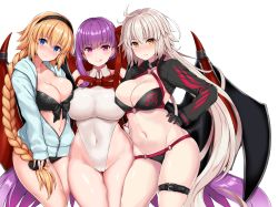 Rule 34 | 3girls, :q, ahoge, bare shoulders, bat wings, bb (fate), bb (fate) (all), bb (swimsuit mooncancer) (fate), bb (swimsuit mooncancer) (third ascension) (fate), bikini, black bikini, black choker, black gloves, black hairband, black jacket, black scrunchie, blonde hair, blue eyes, blue jacket, blush, braid, breast press, breasts, cameltoe, choker, cleavage, closed mouth, collarbone, covered navel, cowboy shot, cropped jacket, fate/grand order, fate (series), front-tie bikini top, front-tie top, frown, girl sandwich, gloves, groin, hair between eyes, hair ornament, hair ribbon, hair scrunchie, hairband, halterneck, hand on own hip, hand on own thigh, hand on thigh, hands on own hips, head tilt, highleg, highleg leotard, hip focus, hood, hooded jacket, jacket, jeanne d&#039;arc alter (swimsuit berserker) (fate), jeanne d&#039;arc (fate), jeanne d&#039;arc (ruler) (fate), jeanne d&#039;arc (swimsuit archer) (fate), jeanne d&#039;arc (swimsuit archer) (first ascension) (fate), jeanne d&#039;arc alter (fate), jeanne d&#039;arc alter (swimsuit berserker) (fate), large breasts, leg belt, leotard, licking lips, long braid, long hair, long sleeves, looking at viewer, mitsukazu (nijigen complex), multiple girls, navel, neck ribbon, negative space, o-ring, o-ring bikini, o-ring bottom, o-ring top, one-piece swimsuit, open clothes, open jacket, partially unzipped, popped collar, purple eyes, purple hair, red ribbon, ribbon, sandwiched, scrunchie, shiny skin, shrug (clothing), side-by-side, sidelocks, silver hair, simple background, single braid, skindentation, smile, standing, stomach, swimsuit, symmetrical docking, thigh strap, thighs, tongue, tongue out, v-shaped eyebrows, vampire costume, very long hair, white background, white gloves, white leotard, white one-piece swimsuit, wing collar, wings, yellow eyes, zipper pull tab