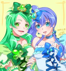 Rule 34 | 0417nao, 10s, 2014, 2girls, bad id, bad pixiv id, blue eyes, blue hair, bow, brooch, choker, cure alto (0417nao), cure royal (0417nao), dated, earrings, fingerless gloves, frills, gloves, green eyes, green hair, hair bow, jewelry, long hair, magical girl, multiple girls, original, precure, ribbon, side ponytail, signature, smile, yellow background
