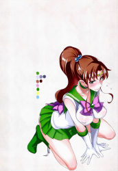 Rule 34 | 1girl, all fours, bishoujo senshi sailor moon, blush, boots, bow, breasts, breath, brown hair, choker, color guide, earrings, elbow gloves, covered erect nipples, from above, gloves, green footwear, green skirt, high heels, highres, isao, jewelry, kino makoto, kneeling, large breasts, long hair, magical girl, miniskirt, pink bow, ponytail, purple eyes, sailor collar, sailor jupiter, scan, see-through, shoes, skirt, sleeveless, solo, tiara, v arms, white gloves