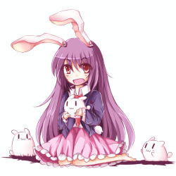 Rule 34 | 1girl, :3, animal ears, bad id, bad pixiv id, barefoot, crescent, dress shirt, fang, full body, jacket, long hair, looking at viewer, necktie, open mouth, purple hair, rabbit, rabbit ears, rabbit girl, rabbit tail, red eyes, reisen udongein inaba, satorichan, shadow, shirt, simple background, sitting, skirt, sleeves past wrists, solo, suit jacket, tail, touhou, very long hair, white background, yokozuwari, | |