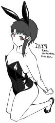 Rule 34 | 1girl, bare shoulders, collarbone, dot nose, ears, english text, expressionless, female focus, flat chest, full body, high heels, highres, iwakura lain, japanese text, kneeling, komusou (jinrikisha), legs, leotard, looking at viewer, monochrome, playboy bunny, rabbit ears, rabbit tail, red eyes, serial experiments lain, solo, spot color, thick thighs, thighs, translation request, white background