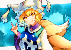 Rule 34 | 1girl, :d, animal ears, animal hat, blonde hair, blue background, blush, breasts, fang, fox ears, fox shadow puppet, fox tail, frills, hand up, hat, head tilt, highres, large breasts, long sleeves, looking at viewer, mob cap, multiple tails, open mouth, qqqrinkappp, simple background, skin fang, smile, solo, tabard, tail, touhou, traditional media, upper body, wide sleeves, yakumo ran, yellow eyes