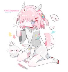 Rule 34 | &gt; o, 1girl, animal ears, bandaged arm, bandaged leg, bandages, bandaid, bandaid on arm, bandaid on leg, between legs, blush stickers, boxcutter, chizunyanko, cube hair ornament, dated, dress, egg hair ornament, fang, food-themed hair ornament, full body, hair ornament, hairclip, hand between legs, hand up, highres, horns, looking at viewer, medium hair, one eye closed, open mouth, original, pink hair, purple eyes, rubbing eyes, self-harm, shirt, shoes, short sleeves, simple background, sitting, solo, tail, tears, thighhighs, two side up, uwabaki, wariza, white background, white footwear, white thighhighs, wing hair ornament