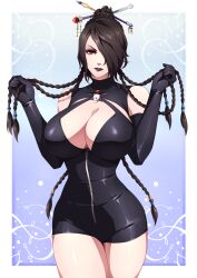 Rule 34 | 1girl, absurdres, alternate costume, balasdan, bare shoulders, black hair, braid, breasts, cleavage, commission, cowboy shot, dress, elbow gloves, eyeshadow, final fantasy, final fantasy x, gloves, hair bun, hair lift, hair ornament, hair over one eye, hair stick, highres, holding, holding own hair, huge breasts, latex, latex dress, lipstick, long hair, lulu (ff10), makeup, mature female, mole, mole under mouth, moogle, multiple braids, purple eyeshadow, purple lips, red eyes, short dress, simple background, single hair bun, solo, thighs, tight clothes, tight dress