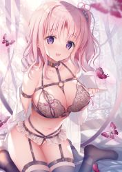 Rule 34 | 1girl, :d, armband, bare shoulders, black collar, black thighhighs, blush, bra, breasts, bug, butterfly, collar, collarbone, day, dengeki moeou, dress shirt, hair ribbon, highres, indoors, insect, lace, lace bra, large breasts, long hair, long sleeves, looking at viewer, navel, nipple cutout, no panties, o-ring, one side up, open clothes, open mouth, open shirt, original, pink hair, purple eyes, ribbon, shirt, sitting, skindentation, sleeves past wrists, smile, solo, sousouman, stomach, thighhighs, underwear, wariza, white shirt