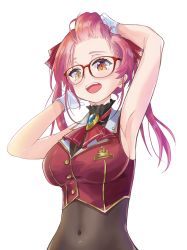 Rule 34 | 1girl, absurdres, armpits, arms up, bare shoulders, black choker, blush, bodystocking, breasts, brooch, buttons, choker, cleavage, cropped jacket, forehead, frilled choker, frills, glasses, gloves, gold trim, hair ribbon, heterochromia, highres, holding, holding own hair, hololive, hololive fantasy, houshou marine, jacket, jewelry, leotard, leotard under clothes, long hair, looking at viewer, open mouth, red eyes, red hair, red jacket, red neckwear, red ribbon, ribbon, saku39 (skb318), see-through, see-through cleavage, see-through leotard, sleeveless, sleeveless jacket, smile, solo, teeth, twintails, upper teeth only, virtual youtuber, white background, yellow eyes