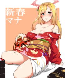 Rule 34 | 10s, 1girl, aoi renji, bare shoulders, blonde hair, blue eyes, blush, breasts, character name, cleavage, flower, furisode, hair flower, hair ornament, highres, japanese clothes, kimono, large breasts, long hair, mana livingstone, monster strike, open clothes, open kimono, red kimono, seiza, sitting, smile, solo, swept bangs, thighs, tiara