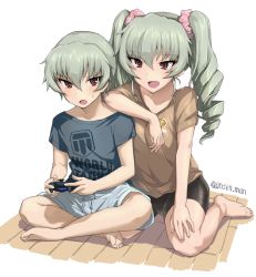 Rule 34 | 10s, 1boy, 1girl, alternate costume, anchovy (girls und panzer), barefoot, bike shorts, brother and sister, clothes writing, commentary request, controller, copyright name, drill hair, dualshock, emblem, fang, game console, game controller, gamepad, girls und panzer, green hair, hair ornament, hair scrunchie, long hair, onsen man, original, playstation controller, red eyes, scrunchie, shirt, short hair, shorts, siblings, t-shirt, twin drills, twintails, twitter username, world of tanks