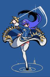 Rule 34 | 1girl, absurdres, akairiot, blue background, dress, floating hair, glint, grey hairband, hairband, highres, holding, holding sword, holding weapon, leg up, long hair, long sleeves, open mouth, orie ballardiae harada, purple hair, simple background, solo, sword, thighhighs, under night in-birth, weapon, white thighhighs