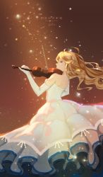 Rule 34 | 1girl, 824314, absurdres, blonde hair, bow (music), copyright name, dress, elbow gloves, floating hair, from side, gloves, highres, holding, holding instrument, holding violin, instrument, long dress, long hair, miyazono kawori, music, playing instrument, shigatsu wa kimi no uso, sleeveless, sleeveless dress, solo, standing, strapless, strapless dress, violin, white dress, white gloves