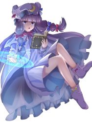 Rule 34 | 1girl, blue bow, book, bow, bowtie, crescent, crescent hat ornament, dress, erisauria, floating, hair bow, hat, hat ornament, highres, long dress, long hair, mob cap, patchouli knowledge, purple eyes, purple footwear, purple hair, red bow, red bowtie, simple background, solo, striped clothes, striped dress, touhou, vertical-striped clothes, vertical-striped dress, very long hair, white background