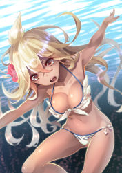 Rule 34 | 10s, 1girl, ahoge, bad id, bad pixiv id, bare arms, bikini, bow, breasts, cleavage, collarbone, dark-skinned female, dark skin, eyelashes, flower, front-tie bikini top, front-tie top, gluteal fold, gradient hair, granblue fantasy, hair between eyes, hair flower, hair ornament, halterneck, hibiscus, highres, long hair, looking at viewer, medium breasts, multicolored hair, navel, open mouth, orange eyes, outstretched arms, pink lips, red flower, saraki, solo, spread arms, stomach, swimsuit, white bikini, white bow, white hair, zooey (granblue fantasy), zooey (summer) (granblue fantasy)