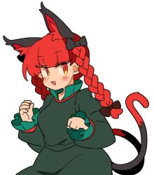 Rule 34 | 1girl, :d, animal ear fluff, animal ears, black bow, blunt bangs, blush, bow, braid, breasts, brown bow, cat ears, cat tail, cowboy shot, dress, extra ears, green dress, hair bow, hair ribbon, hands up, ini (inunabe00), juliet sleeves, kaenbyou rin, long hair, long sleeves, looking at viewer, looking to the side, medium breasts, multiple tails, nekomata, open mouth, puffy sleeves, ribbon, sideways glance, simple background, slit pupils, smile, solo, tail, touhou, tress ribbon, twin braids, two tails, white background
