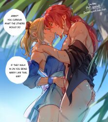 Rule 34 | 1boy, 1girl, assertive female, blue eyes, clothed female nude male, couple, diluc (genshin impact), english text, genshin impact, hand on another&#039;s shoulder, handjob, heart, hetero, highres, jean (genshin impact), jean (sea breeze dandelion) (genshin impact), long hair, nipples, nude, outdoors, penis, ponytail, prostate milking, red eyes, red hair, shaking, smile, soc nau, speech bubble, sweat