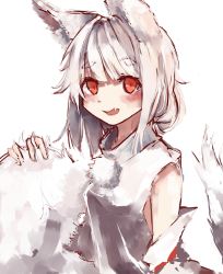 Rule 34 | 1girl, absurdres, animal ears, blush, commentary request, detached sleeves, fang, highres, holding own tail, inubashiri momiji, looking at viewer, medium hair, open mouth, pom pom (clothes), red eyes, shirt, silver hair, simple background, sleeveless, sleeveless shirt, solo, tail, touhou, tsuyukusa (tuyukusa aaa), upper body, white background, white shirt, wolf ears, wolf tail