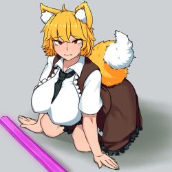 Rule 34 | 1girl, ahoge, alternate breast size, animal ear fluff, animal ears, bad id, bad twitter id, between breasts, black necktie, blonde hair, breasts, brown skirt, brown vest, closed mouth, collared shirt, commentary request, cookie (touhou), fang, fang out, fox ears, fox girl, fox tail, frilled skirt, frilled vest, frills, full body, grey background, highres, impossible clothes, impossible shirt, kneeling, large breasts, looking at viewer, miramikaru riran, necktie, necktie between breasts, ohasi, pole, red eyes, shirt, short hair, short sleeves, skirt, solo, tail, tearing up, vest, white shirt
