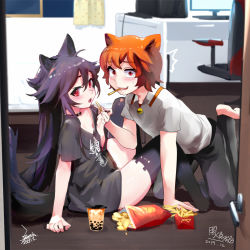 Rule 34 | 1boy, 1girl, animal ears, black hair, black thighhighs, chair, chips (food), commentary request, cup, curtains, desk, drinking straw, ejami, ekko (ejami), food, fox ears, fox girl, fox tail, french fries, highres, monitor, mouth hold, no pants, office chair, on ground, orange hair, original, pants, red eyes, surprised, sweatdrop, swivel chair, tail, thighhighs, window