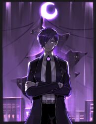 Rule 34 | 1boy, belt, black pants, brown belt, chain, city, closed mouth, coat, collared shirt, cowboy shot, crescent moon, crossed arms, expressionless, formal, glowing, glowing eyes, lc warning, library of ruina, long sleeves, looking at viewer, male focus, moon, necktie, pants, project moon, purple coat, purple hair, purple necktie, purple theme, shirt, solo, white shirt, wing collar, yesod (project moon)