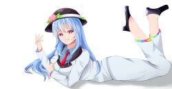 Rule 34 | 1girl, absurdres, alternate costume, black footwear, black headwear, blue hair, collared shirt, commission, from side, full body, ginari, highres, hinanawi tenshi, leaf, long hair, long sleeves, looking at viewer, necktie, panties, parted lips, peach hat ornament, rainbow gradient, red eyes, red necktie, shirt, simple background, solo, touhou, underwear, variant set, white background, white panties