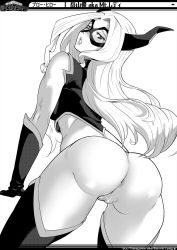 Rule 34 | 10s, 1girl, anus, ass, back, bare shoulders, bent over, blush, bodysuit, boku no hero academia, boots, bottomless, character name, crop top, domino mask, drill hair, english text, from behind, gloves, greyscale, half-closed eyes, highres, horns, japanese text, kanji, karasu h, long hair, looking back, mask, monochrome, mount lady, no panties, open mouth, pussy, simple background, sleeveless, solo, text focus, thigh boots, thighhighs, translated, uncensored, white background