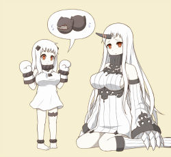 Rule 34 | 10s, 2girls, abyssal ship, bad id, bad pixiv id, barefoot, breast padding, breasts, chappiev, detached sleeves, dress, horns, kantai collection, large breasts, long hair, md5 mismatch, mozukusa, multiple girls, northern ocean princess, pale skin, red eyes, seaport princess, short dress, simple background, single horn, white hair