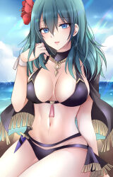 Rule 34 | 1girl, :d, bikini, black bikini, black cape, blue eyes, blue hair, blue sky, breasts, byleth (female) (fire emblem), byleth (female) (summer) (fire emblem), byleth (fire emblem), cape, cloud, commentary request, dagger, day, fire emblem, fire emblem: three houses, fire emblem heroes, flower, hair flower, hair ornament, highres, kirishima riona, knife, large breasts, long hair, looking at viewer, navel, nintendo, official alternate costume, open mouth, red flower, sitting, sky, smile, solo, stomach, swimsuit, thighs, weapon