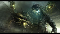 Rule 34 | alien, battle, dinosaur, dragon, energy, epic, giant, giant monster, glowing, glowing mouth, godzilla, godzilla (2014), godzilla (monsterverse), godzilla (series), green theme, highres, hydra, inkveil-matter, kaijuu, king ghidorah, legendary pictures, letterboxed, monster, monsterverse, multiple heads, no humans, outdoors, powering up, realistic, smoke, spikes, toho