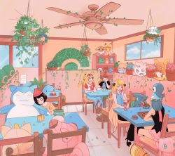 Rule 34 | 1girl, absurdres, alolan form, alolan raichu, bag, black footwear, black hair, black pants, black shirt, blonde hair, blue hair, blue oak, brown eyes, brown hair, bulbacactus, bulbasaur, cafe, ceiling fan, chair, charizard, cherry, cherubi, clefairy, closed eyes, closed mouth, cloud, commentary, cottonee, creature, creature on head, creature on shoulder, creatures (company), crossed arms, cup, cupcake, cynthia (pokemon), dawn (pokemon), day, dishes, ditto, eating, eevee, english commentary, flower, food, from behind, fruit, game freak, gen 1 pokemon, gen 2 pokemon, gen 4 pokemon, gen 5 pokemon, gen 7 pokemon, gible, hand on own chin, hanging plant, hat, head wreath, high heels, highres, holding, holding spoon, indoors, jolteon, leaf, legendary pokemon, litten, long hair, meowth, mew (pokemon), mug, mythical pokemon, nintendo, oddish, on chair, on head, on shoulder, open mouth, pants, petilil, pikachu, pink flower, pink skirt, piplup, plant, pokemon, pokemon (anime), pokemon (creature), pokemon bw (anime), pokemon dppt, pokemon on head, pokemon sm, popplio, raglan sleeves, red (pokemon), red hat, red sleeves, rowlet, selene (pokemon), shelf, shirt, short hair, short sleeves, sign, sitting, skirt, sleeping, sleeping upright, sleeveless, sleeveless shirt, smile, snorlax, spoon, squirtle, starter pokemon trio, strawberry, sunlight, table, togepi, vaporeon, very long hair, vines, wall, white flower, window, yellow flower