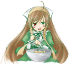 Rule 34 | 00s, 1girl, ahoge, blush, brown hair, cooking, green eyes, heterochromia, long hair, looking at viewer, mixing bowl, open mouth, red eyes, rozen maiden, sketch, solo, suiseiseki, very long hair, whisk, white background