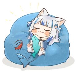 Rule 34 | 1girl, :3, animal ear fluff, animal ears, animal feet, animal hands, bean bag, blue hair, blunt bangs, blush stickers, cat ears, cat girl, chibi, closed eyes, commentary, ebi-chan (gawr gura), fins, fish, fish tail, gawr gura, highres, hololive, hololive english, multicolored hair, pawpads, same anko, shark tail, simple background, smile, solo, symbol-only commentary, tail, two-tone hair, two side up, virtual youtuber, white background, white hair