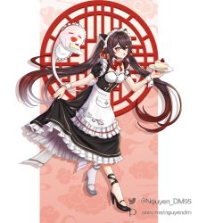 Rule 34 | 1girl, absurdres, alternate costume, apron, black footwear, black hair, cake, clothes lift, commentary, detached collar, dm (nguyen dm95), enmaided, food, full body, genshin impact, ghost, hair between eyes, high heels, highres, holding, hu tao (genshin impact), long hair, looking at viewer, maid, maid apron, maid headdress, one eye closed, orange eyes, parted lips, plate, sidelocks, skirt, skirt lift, strawberry shortcake, symbol-shaped pupils, twintails, wrist cuffs