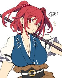Rule 34 | 1girl, :o, breasts, cleavage, dated, dress, iroyopon, large breasts, obi, onozuka komachi, puffy short sleeves, puffy sleeves, red eyes, red hair, sash, scythe, short hair, short sleeves, signature, simple background, solo, touhou, two side up