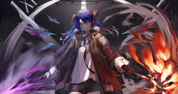 Rule 34 | 1girl, absurdres, arknights, asymmetrical gloves, black gloves, black jacket, black shorts, blue eyes, blue hair, cowboy shot, gloves, hair between eyes, halo, highres, holding, holding staff, horns, jacket, long hair, long sleeves, looking at viewer, mismatched gloves, mostima (arknights), originium arts (arknights), shirt, short shorts, shorts, smile, solo, staff, standing, takechii, white gloves, white shirt