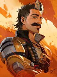 Rule 34 | 1boy, ammunition belt, apex legends, artist name, black hair, black jacket, bullet, cropped torso, explosive, facial hair, fuse (apex legends), grenade, highres, iwamoto zerogo, jacket, jewelry, looking at viewer, male focus, mechanical arms, multicolored hair, mustache, necklace, single mechanical arm, sleeveless, sleeveless jacket, smile, solo, streaked hair, upper body, white hair