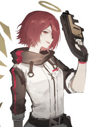 Rule 34 | 1girl, :d, absurdres, arknights, brown wings, detached wings, exusiai (arknights), gun, hair over one eye, halo, hand up, highres, holding, holding gun, holding weapon, jacket, kriss vector, nagute, open mouth, red eyes, red hair, short hair, short sleeves, simple background, smile, solo, submachine gun, teeth, upper teeth only, weapon, white background, white jacket, wings