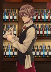 Rule 34 | 1boy, absurdres, alcohol, bartender, bottle, brown hair, glass, green eyes, highres, huakuiliehuo, male focus, pocket, solo, standing