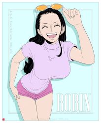 Rule 34 | 1girl, black hair, breasts, chris re5, cowboy shot, forehead, hair pulled back, hand on own hip, large breasts, long hair, nico robin, one piece, open mouth, photo-referenced, pink shorts, purple shirt, shirt, short shorts, shorts, signature, smile, solo, sunglasses, t-shirt, turtleneck