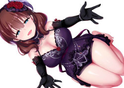 Rule 34 | 10s, 1girl, barefoot, blue eyes, blush, breasts, brown hair, cleavage, dress, elbow gloves, feet, gloves, hair ornament, hairband, idolmaster, idolmaster cinderella girls, idolmaster cinderella girls starlight stage, kneeling, large breasts, looking at viewer, open mouth, outstretched arms, reaching, reaching towards viewer, ribbon, saki chisuzu, sakuma mayu, simple background, smile, solo, white background
