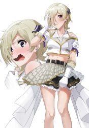 Rule 34 | 0364p, 1girl, belt, black belt, black skirt, blonde hair, blush, center frills, closed mouth, collarbone, collared shirt, commentary request, cropped jacket, ear piercing, embarrassed, frills, gloves, grey shirt, hair ornament, hair over one eye, highres, jacket, layered skirt, looking at viewer, love live!, love live! nijigasaki high school idol club, love live! school idol festival 2, mia taylor, midriff, multiple views, navel, open mouth, piercing, purple eyes, shirt, short hair, sidelocks, skirt, standing, sweat, upper body, wavy mouth, white background, white gloves, white jacket, white shirt
