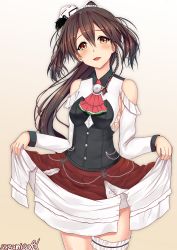 Rule 34 | 1girl, :d, absurdres, anchor, artist name, ascot, beige background, blush, braid, brown eyes, brown hair, corset, cosplay, french braid, hair between eyes, highres, houshou (kancolle), kantai collection, long hair, long sleeves, open mouth, ponytail, red skirt, sazamiso rx, shirt, single braid, skirt, smile, solo, white shirt, zara (kancolle), zara (kancolle) (cosplay)