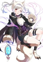 Rule 34 | 1girl, animal ears, animal hands, belt, fire emblem, fire emblem awakening, fire emblem heroes, fur trim, gloves, grima (fire emblem), halloween costume, highres, long sleeves, nintendo, one eye closed, paw gloves, red eyes, robin (female) (fire emblem), robin (fire emblem), shorts, simple background, solo, tail, thigh strap, tpicm, twintails, white background, white hair, wolf ears, wolf tail