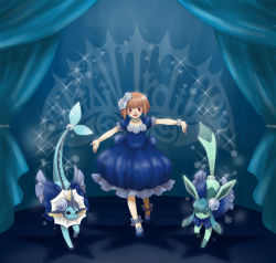 Rule 34 | 1girl, alternate color, blue theme, brown hair, bubble skirt, creatures (company), dress, flower, game freak, gen 1 pokemon, gen 4 pokemon, glaceon, hair flower, hair ornament, jewelry, necklace, nintendo, outstretched arms, painame, pixiv trainer, pokemon, pokemon (creature), red eyes, short hair, skirt, vaporeon