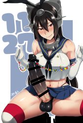 Rule 34 | 1futa, bar censor, black hair, blush, breasts, censored, colored condom, condom, condom on penis, cosplay, elbow gloves, erection, female pubic hair, flag, futanari, gloves, huge penis, ikeshita moyuko, kantai collection, large breasts, long hair, looking at viewer, nagato (kancolle), penis, pubic hair, ribbon, shimakaze (kancolle), shimakaze (kancolle) (cosplay), skirt, smile, solo, spread legs, squatting, striped clothes, striped thighhighs, sweat, testicles, text focus, thighhighs, uniform