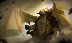Rule 34 | 1boy, abs, absurdres, bara, bare pectorals, blurry, blurry background, brown pants, brown shirt, cowboy shot, dilukha (nyaalgebra), dragon boy, dragon horns, dragon wings, from below, furry, furry male, highres, horns, large pectorals, looking at viewer, looking down, male focus, monster boy, muscular, muscular male, navel, open clothes, open pants, open shirt, ophion (housamo), pants, pectorals, sandstorm, scales, shirt, short hair, solo, spread wings, stomach, suspenders, tokyo houkago summoners, wings, yellow scales