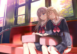 Rule 34 | 2girls, ahoge, bag, blonde hair, blue eyes, blue skirt, blurry, blush, braid, brown hair, closed eyes, commentary, feet out of frame, fukahire (ruinon), hair between eyes, jacket, leaning on person, long hair, long sleeves, multiple girls, neckerchief, open clothes, open jacket, original, parted lips, pleated skirt, red neckerchief, sailor collar, school bag, school uniform, serafuku, shirt, side-by-side, side braid, sitting, skirt, sleeping, sleeping on person, sunset, train interior, tree, white sailor collar, white shirt, window