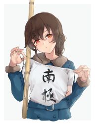 Rule 34 | 1girl, bamboo, blue coat, braid, brown hair, clothes writing, coat, commentary request, fur-trimmed coat, fur trim, k jie, kantai collection, long hair, orange eyes, see-through clothes, shirt, simple background, single braid, solo, souya (kancolle), white background, white shirt, x-ray