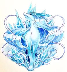 Rule 34 | commentary request, creatures (company), crystal, game freak, gen 2 pokemon, head back, highres, legendary pokemon, masshu (shu 123426), nintendo, no humans, painting (medium), pokemon, pokemon (creature), solo, standing, suicune, toes, traditional media, watercolor (medium), white background