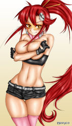 Rule 34 | 00s, 1girl, bad deviantart id, bad id, breasts squeezed together, breasts, glasses, gloves, hidrico, highres, large breasts, long hair, ponytail, red hair, scarf, shorts, solo, tengen toppa gurren lagann, thighhighs, yellow eyes, yoko littner